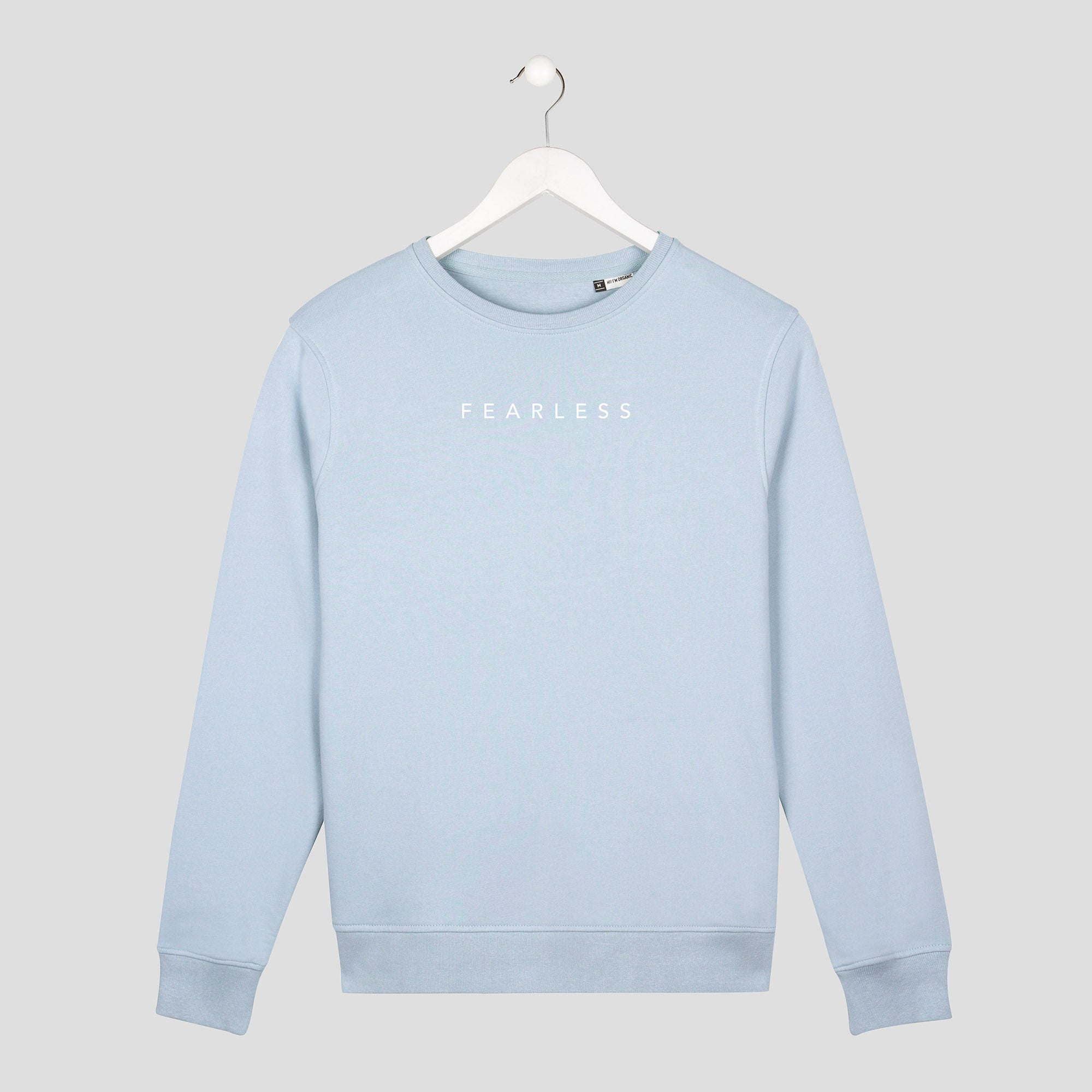 sudadera minimalista fearless sin miedo letras finas unisex azul